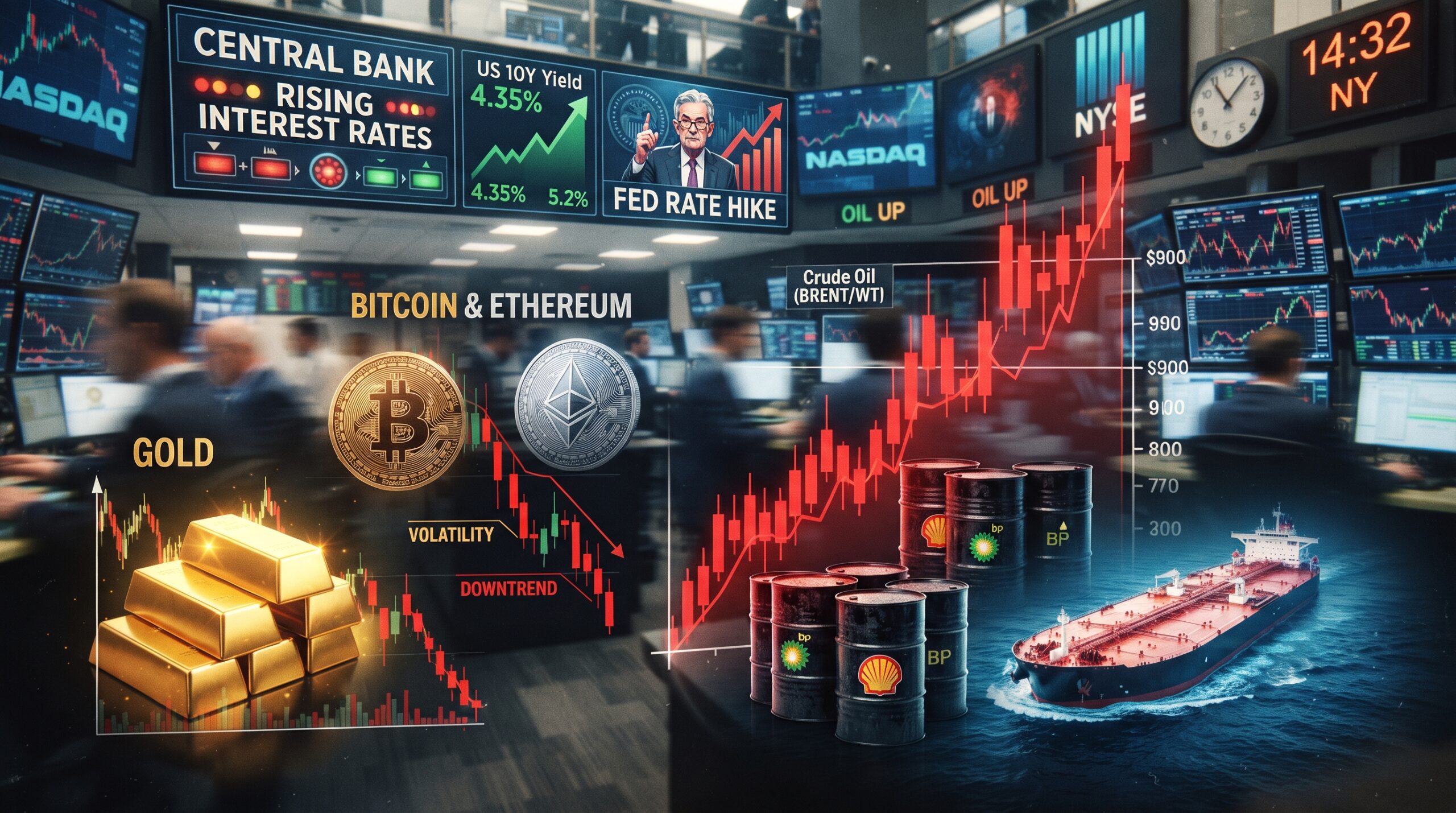 Oil, gold, Bitcoin, and Ethereum shown in a financial market setting with rising oil prices, rate pressure, and volatile trading screens.