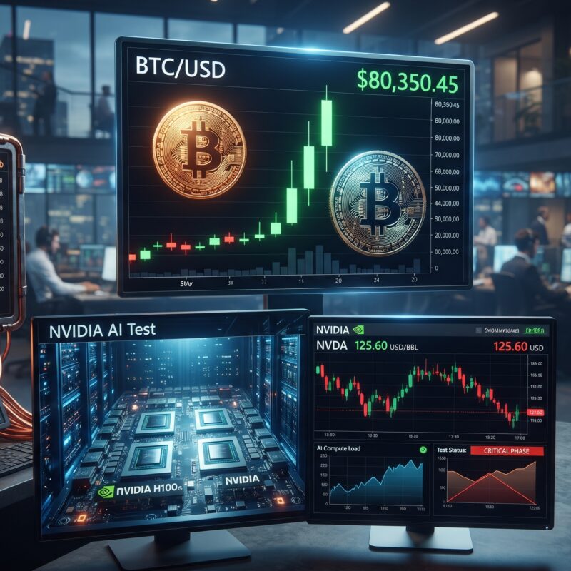 Bitcoin, copper, oil, and Nvidia AI market visuals shown in a financial market setting with rising crypto momentum, strong copper prices, falling oil, and technology-sector tension.