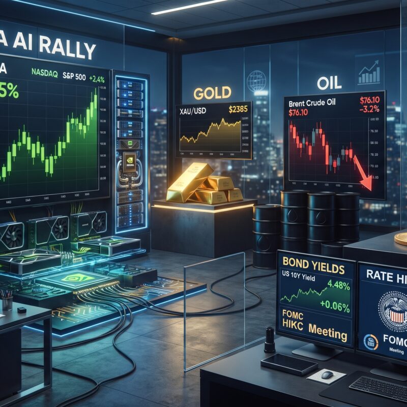 Nvidia AI market visuals, gold, oil, Bitcoin, and Ethereum shown in a financial trading environment with rising stocks, weaker oil, and rate pressure on crypto.