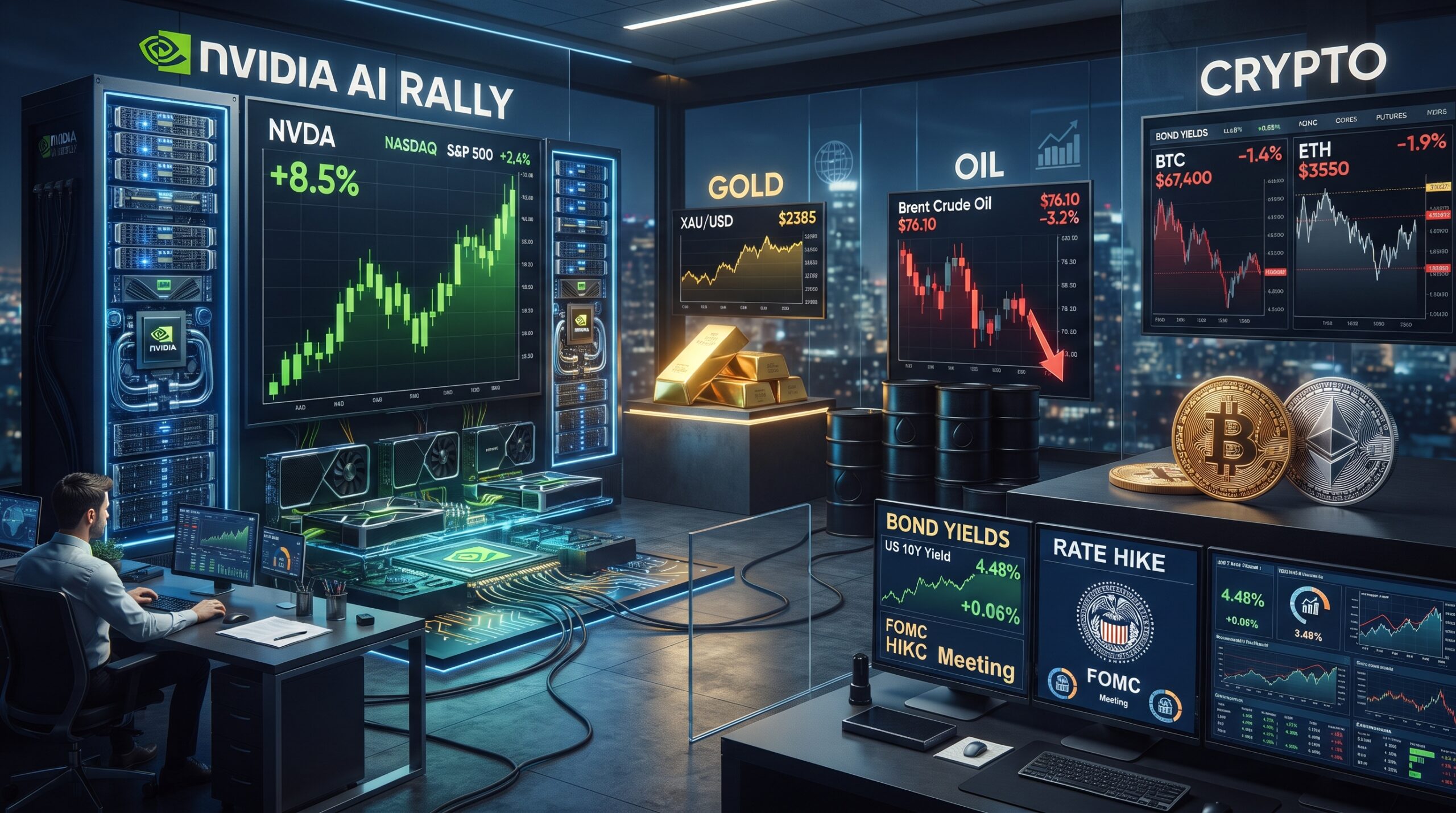 Nvidia AI market visuals, gold, oil, Bitcoin, and Ethereum shown in a financial trading environment with rising stocks, weaker oil, and rate pressure on crypto.