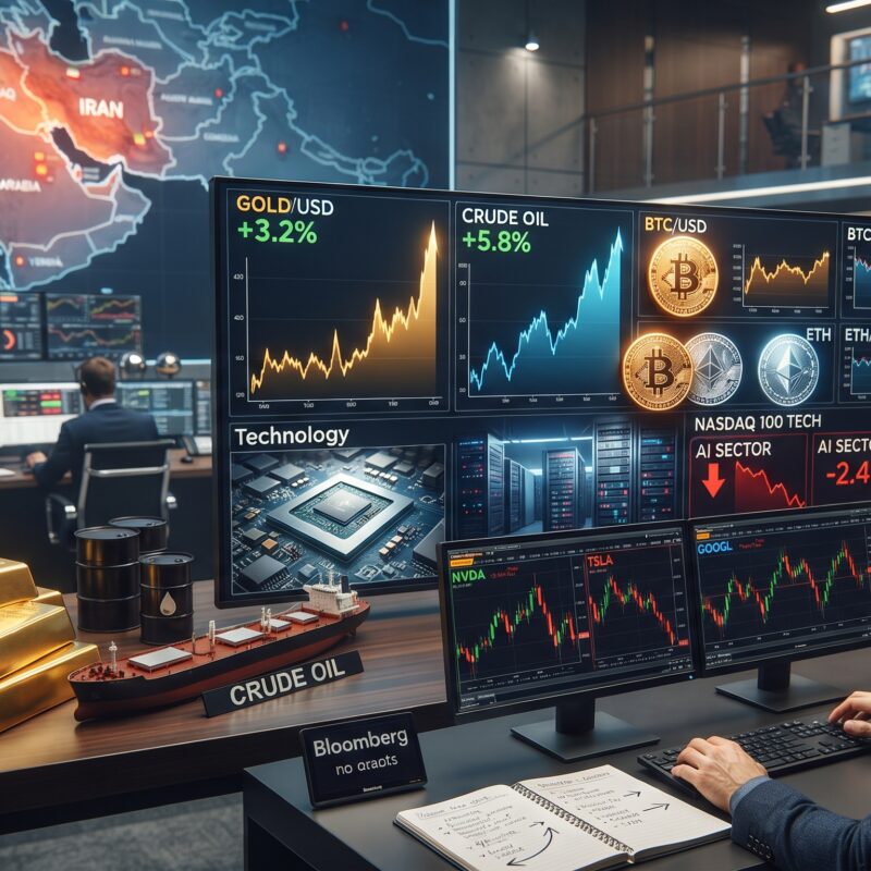 Gold, oil, Bitcoin, Ethereum, and AI stock visuals shown in a financial market setting with rising commodity prices, resilient crypto, and geopolitical tension tied to Iran.