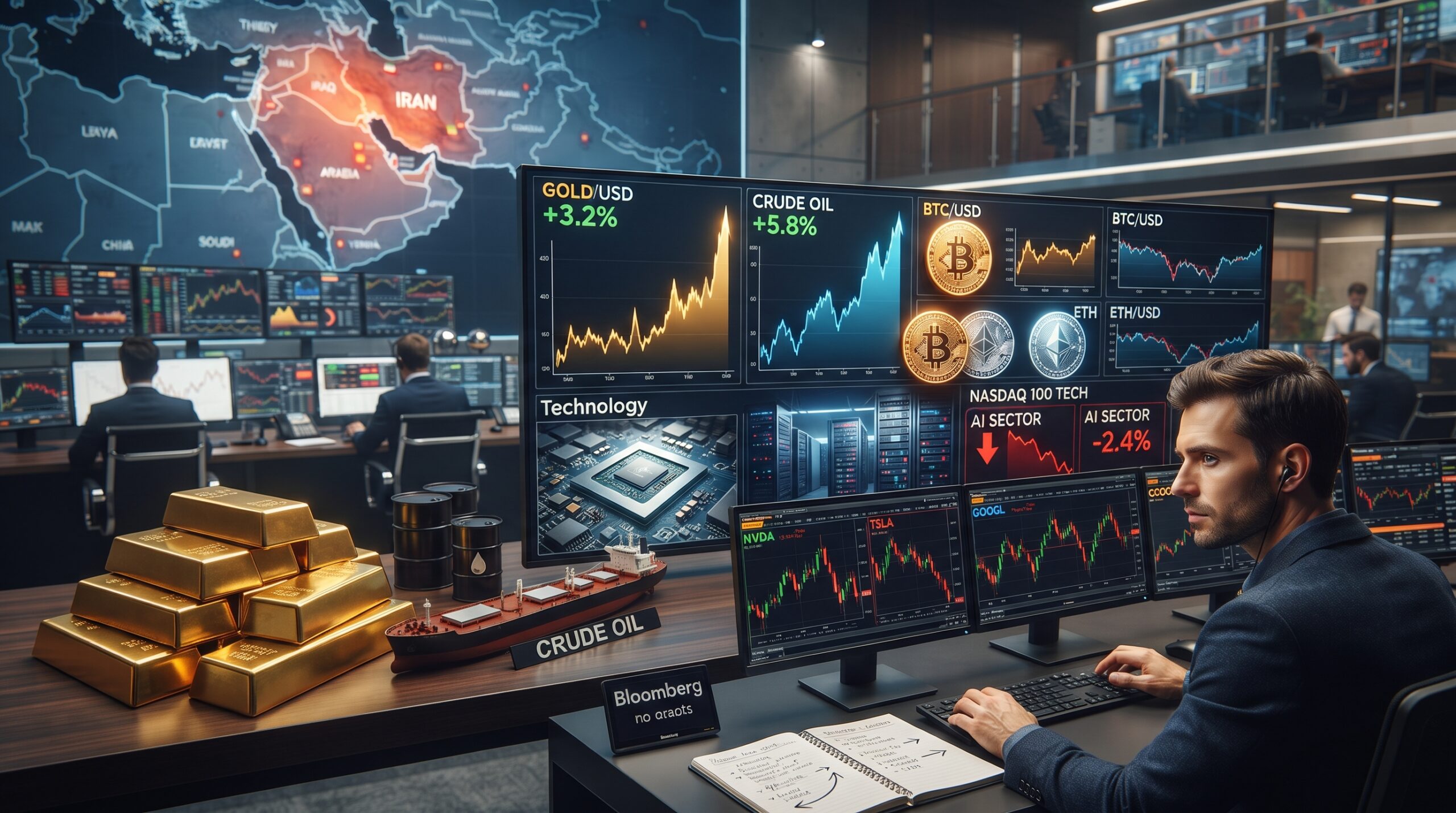 Gold, oil, Bitcoin, Ethereum, and AI stock visuals shown in a financial market setting with rising commodity prices, resilient crypto, and geopolitical tension tied to Iran.