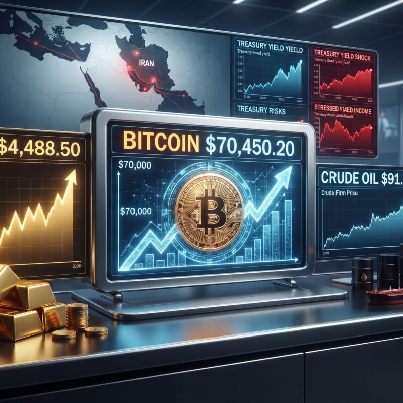 Gold, Bitcoin, oil, Treasury yield, and AI stock visuals shown in a global financial market setting with geopolitical tension and mixed cross-asset momentum.
