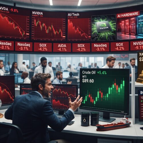 Financial market scene showing Nvidia and crypto under pressure, rising oil prices, firm gold, and bond-yield stress tied to Federal Reserve risk.