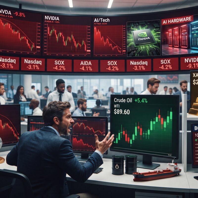 Financial market scene showing Nvidia and crypto under pressure, rising oil prices, firm gold, and bond-yield stress tied to Federal Reserve risk.