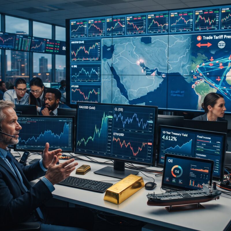 Gold, oil, Bitcoin, and Ethereum shown in a global financial market setting with rising yields, geopolitical tension, and broad market volatility.