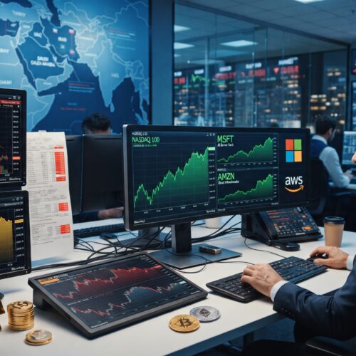 Oil, gold, Bitcoin, Ethereum, and AI stock visuals shown in a global financial market setting with falling oil prices, resilient gold, pressured crypto, and renewed technology momentum.