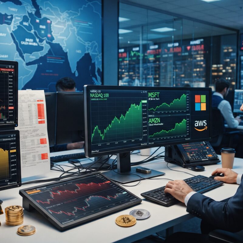 Oil, gold, Bitcoin, Ethereum, and AI stock visuals shown in a global financial market setting with falling oil prices, resilient gold, pressured crypto, and renewed technology momentum.