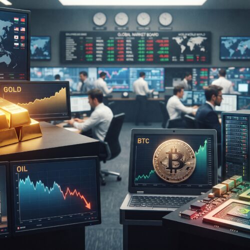 Gold, oil, Bitcoin, and AI stock visuals shown in a global financial market setting with geopolitical diplomacy, falling oil prices, resilient Bitcoin, and strong AI momentum.