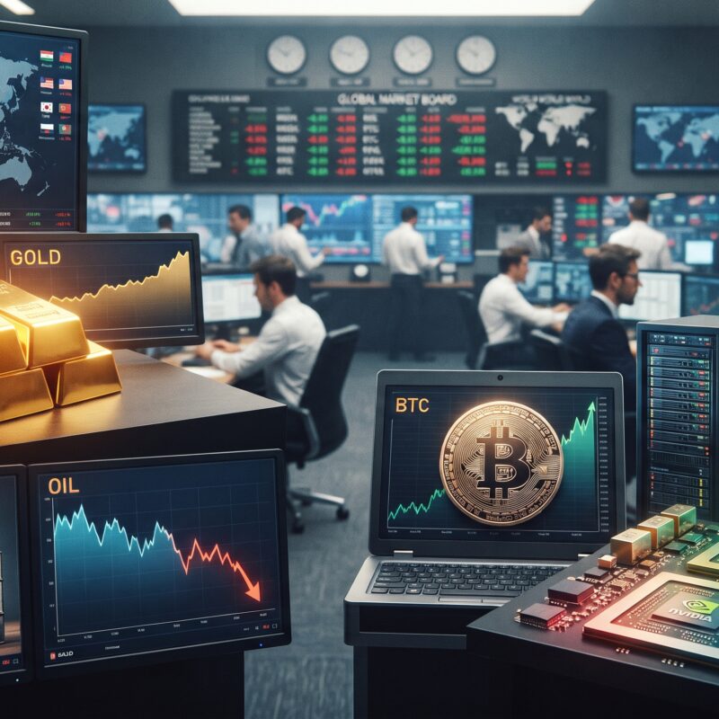 Gold, oil, Bitcoin, and AI stock visuals shown in a global financial market setting with geopolitical diplomacy, falling oil prices, resilient Bitcoin, and strong AI momentum.