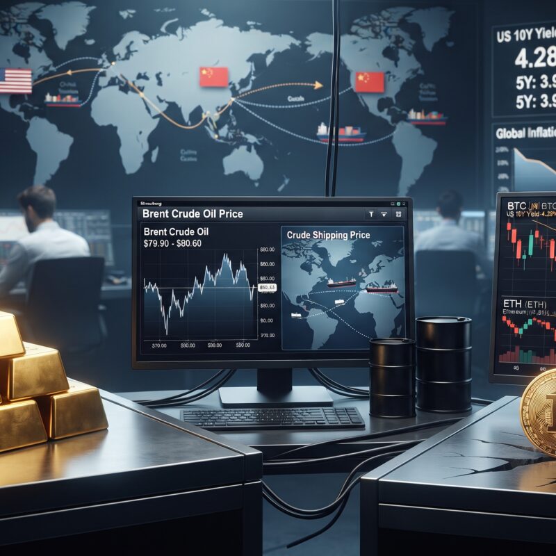 Gold, oil, Bitcoin, and Ethereum shown in a financial market setting with trade-risk tension, softer inflation signals, and mixed asset performance.