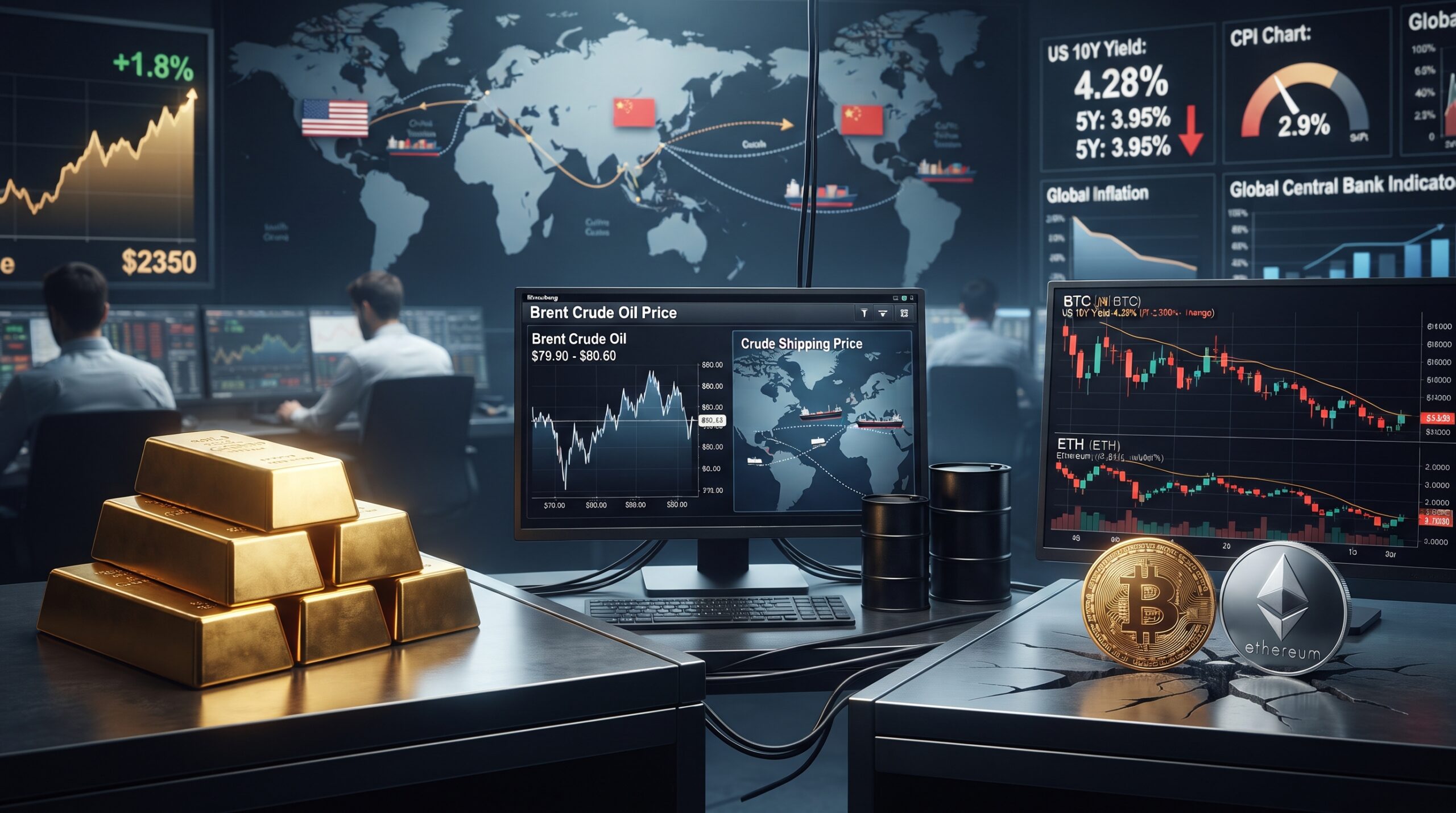 Gold, oil, Bitcoin, and Ethereum shown in a financial market setting with trade-risk tension, softer inflation signals, and mixed asset performance.