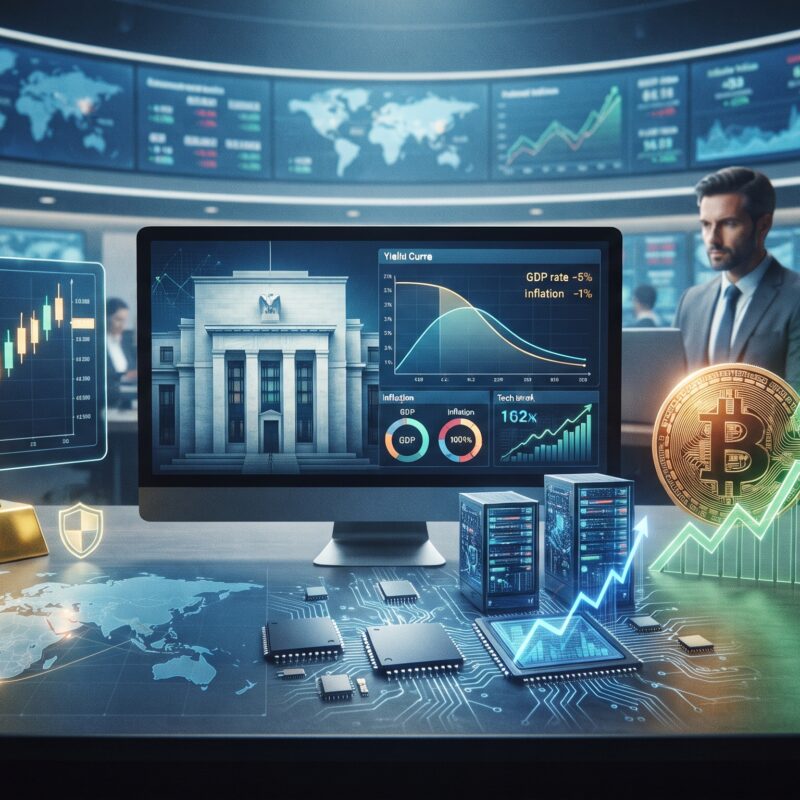 Gold, oil, Bitcoin, and AI-related market visuals shown in a global financial setting with Fed expectations and Hormuz talk symbolism.