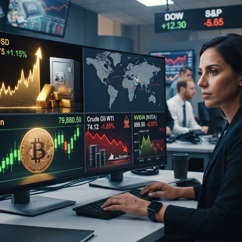 Gold, Bitcoin, oil, and Nvidia-related AI market visuals shown in a global financial setting with geopolitical tension and mixed asset performance.