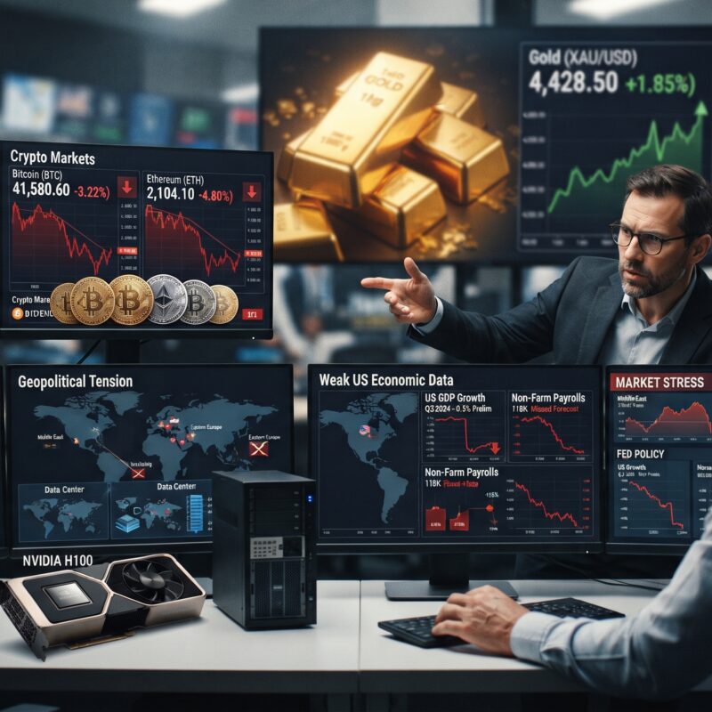 Gold, oil, Bitcoin, Ethereum, and AI market visuals shown in a tense financial market setting with weak U.S. data and geopolitical risk.