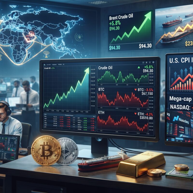 Gold, oil, Bitcoin, Ethereum, and mega-cap tech market visuals shown in a global financial setting with Hormuz shipping risk and CPI inflation uncertainty.