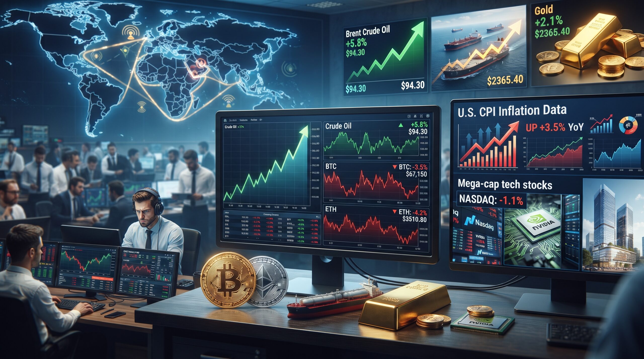 Gold, oil, Bitcoin, Ethereum, and mega-cap tech market visuals shown in a global financial setting with Hormuz shipping risk and CPI inflation uncertainty.
