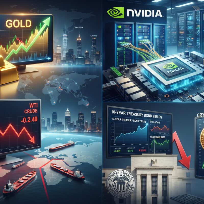 Gold, oil, Bitcoin, Ethereum, and Nvidia AI market visuals shown in a global financial setting with Fed-related pressure and Strait of Hormuz geopolitical risk.