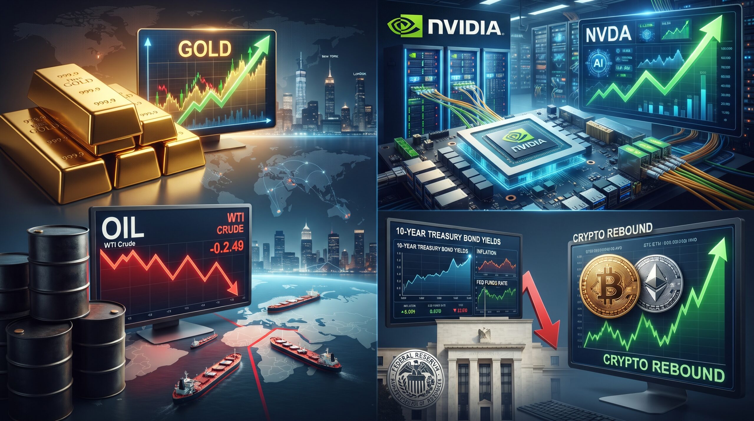 Gold, oil, Bitcoin, Ethereum, and Nvidia AI market visuals shown in a global financial setting with Fed-related pressure and Strait of Hormuz geopolitical risk.