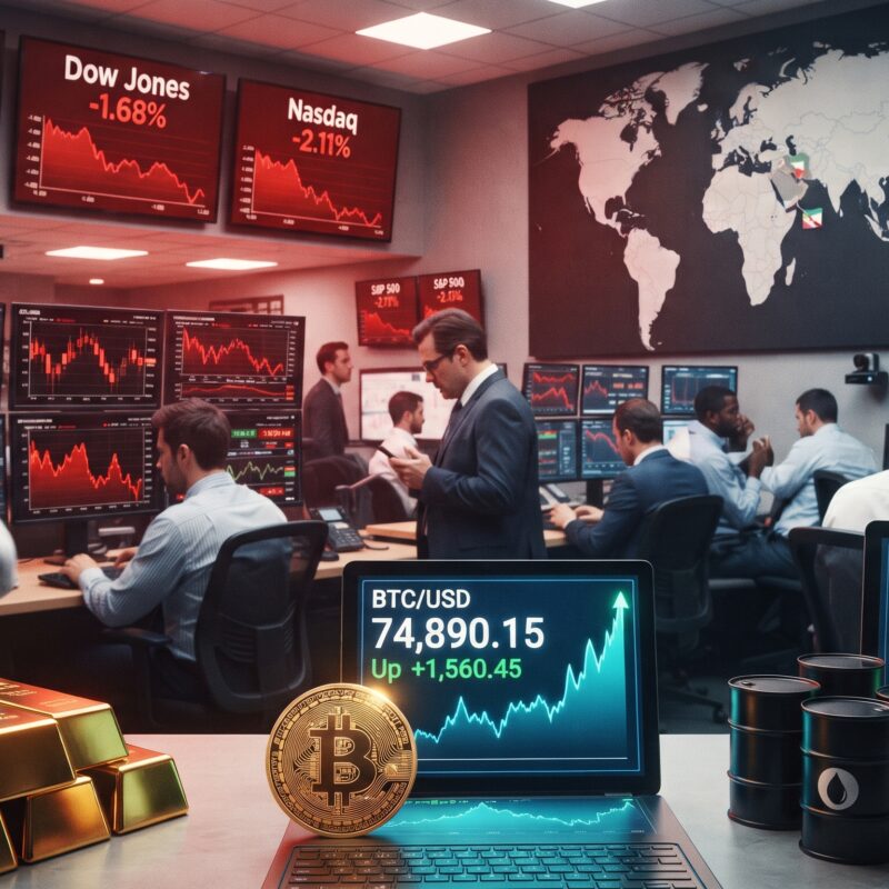 Gold, Bitcoin, oil, and stock market visuals shown in a global financial setting with geopolitical tension, rising yields, and falling equities.
