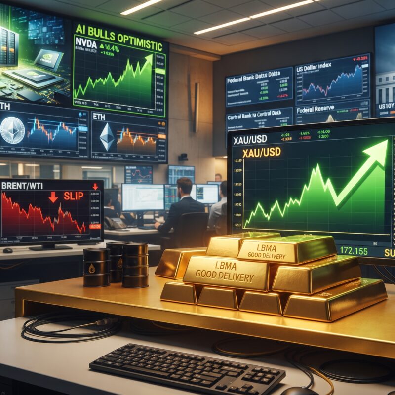 Gold, oil, Bitcoin, Ethereum, and Nvidia AI market visuals shown in a financial market setting with Fed hopes, oil demand fears, and stalled crypto momentum.