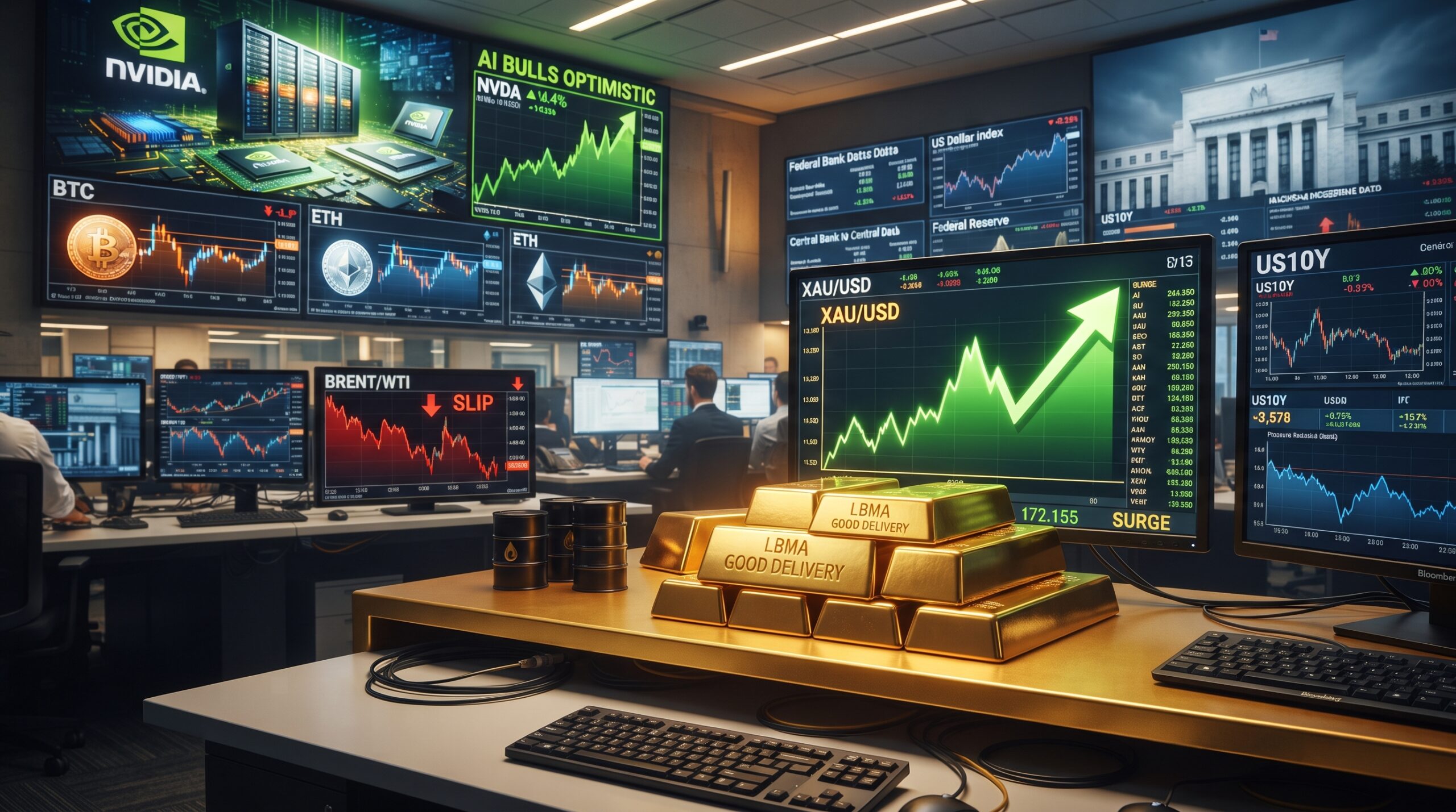 Gold, oil, Bitcoin, Ethereum, and Nvidia AI market visuals shown in a financial market setting with Fed hopes, oil demand fears, and stalled crypto momentum.