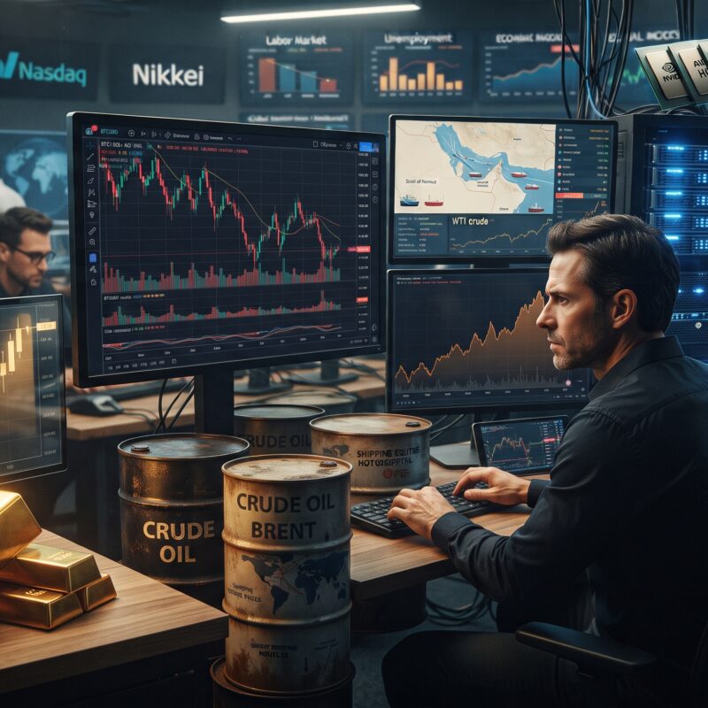 Gold, oil, Bitcoin, Ethereum, and AI stock visuals shown in a global financial market setting with safe-haven demand, Hormuz shipping risk, and jobs-data uncertainty.