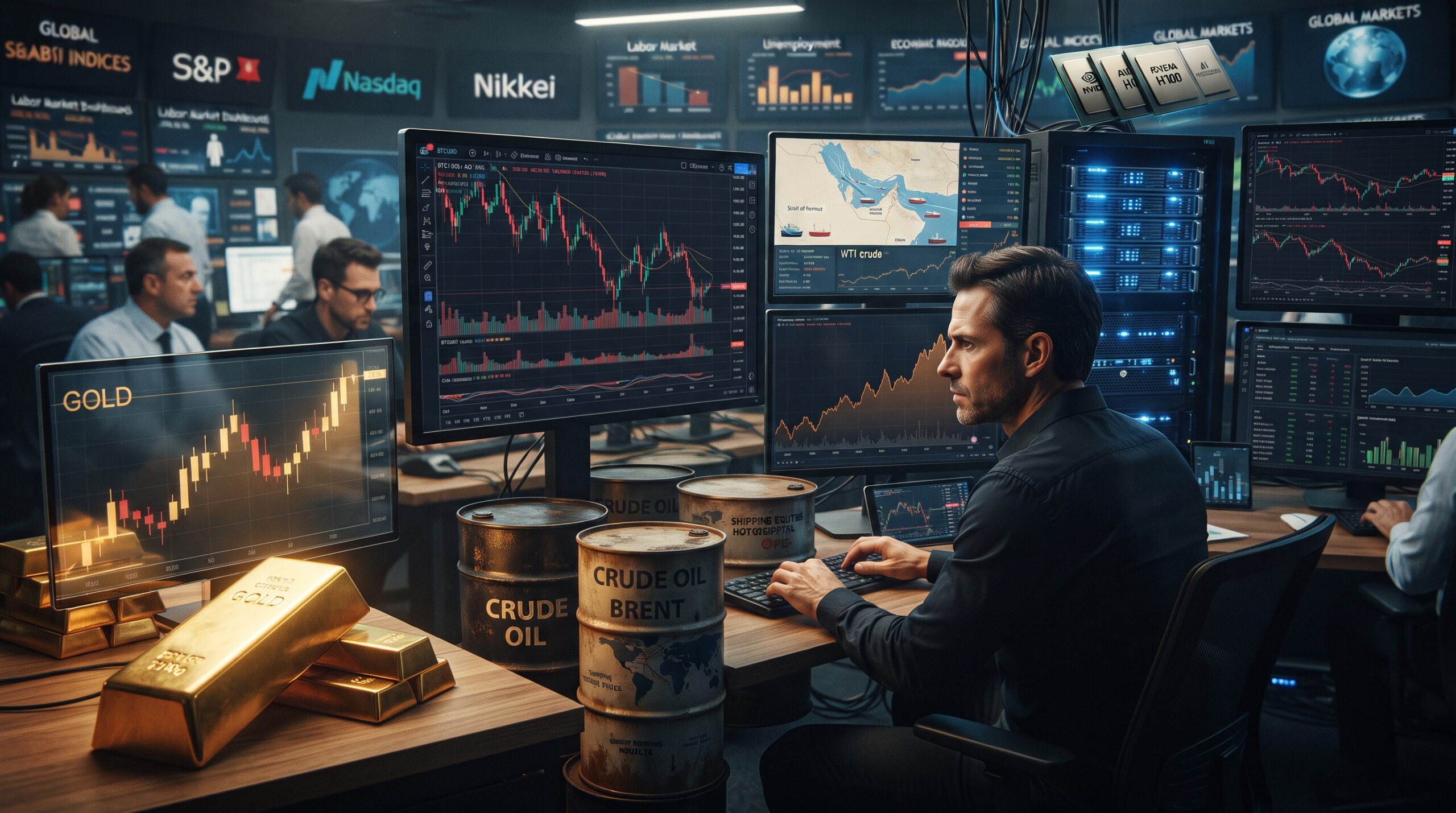 Gold, oil, Bitcoin, Ethereum, and AI stock visuals shown in a global financial market setting with safe-haven demand, Hormuz shipping risk, and jobs-data uncertainty.