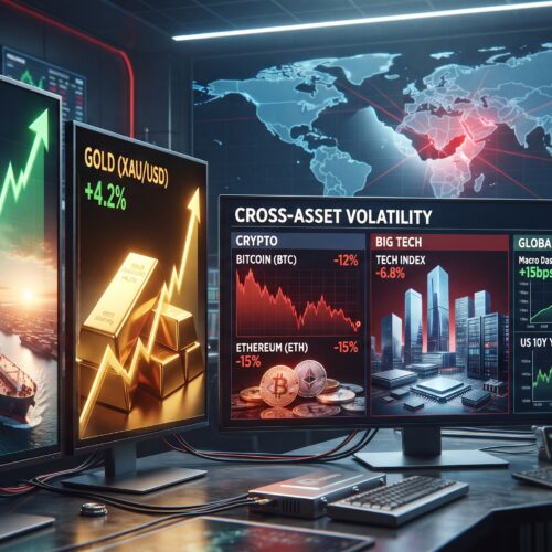 Oil, gold, Bitcoin, Ethereum, and Big Tech market visuals shown in a global financial setting with rising yields and Strait of Hormuz geopolitical tension.