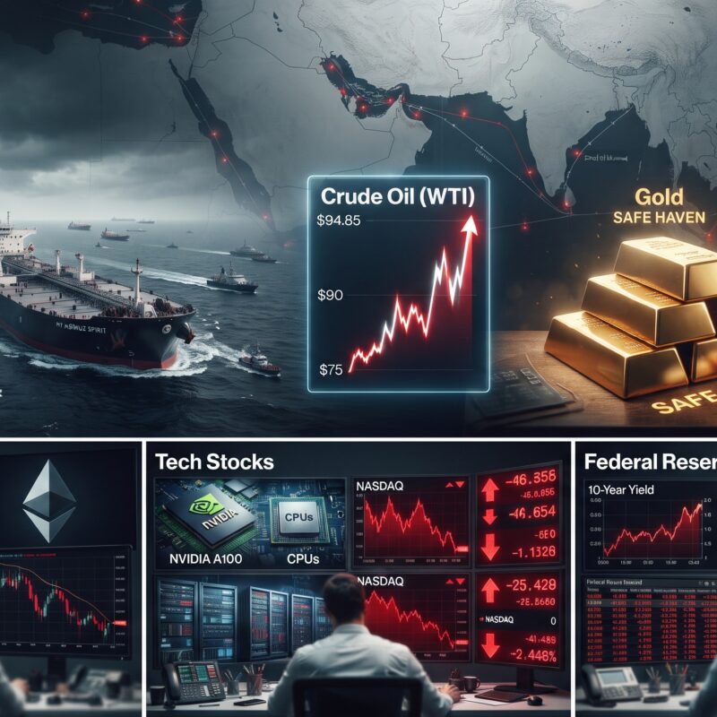 Oil, gold, Bitcoin, Ethereum, and tech stock visuals shown in a global financial market setting with Strait of Hormuz tension, rising oil prices, and Federal Reserve pressure.
