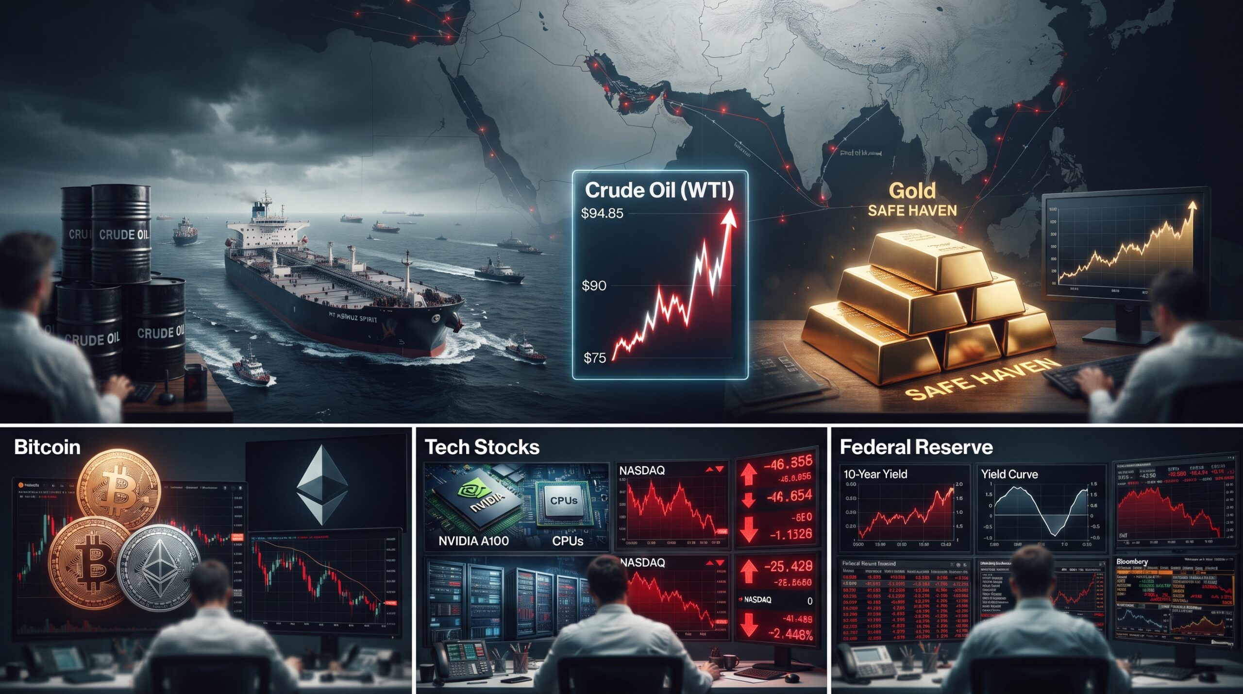 Oil, gold, Bitcoin, Ethereum, and tech stock visuals shown in a global financial market setting with Strait of Hormuz tension, rising oil prices, and Federal Reserve pressure.