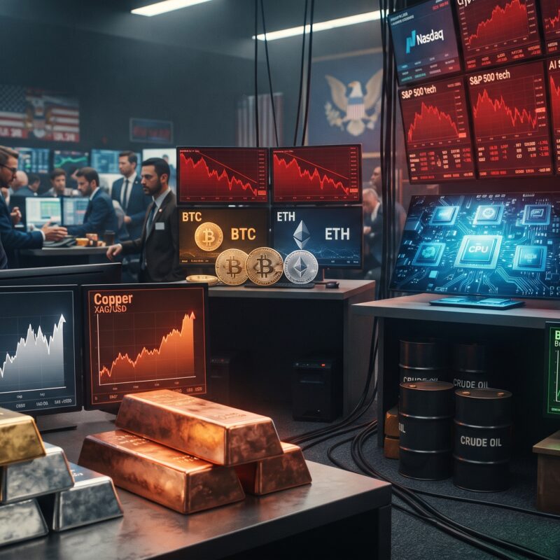 Gold, copper, silver, Bitcoin, Ethereum, oil, bond-yield, and tech market visuals shown in a volatile financial market setting with rising metals and pressure on crypto and stocks.