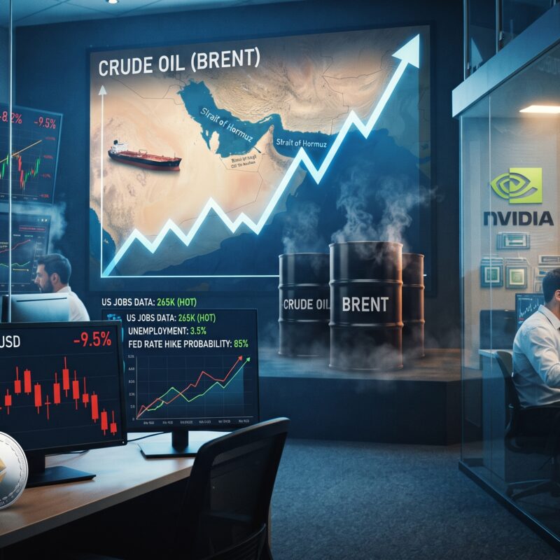 Oil, gold, Bitcoin, Ethereum, and Nvidia AI market visuals shown in a financial market setting with Hormuz tension, strong U.S. jobs data, and mixed asset performance.