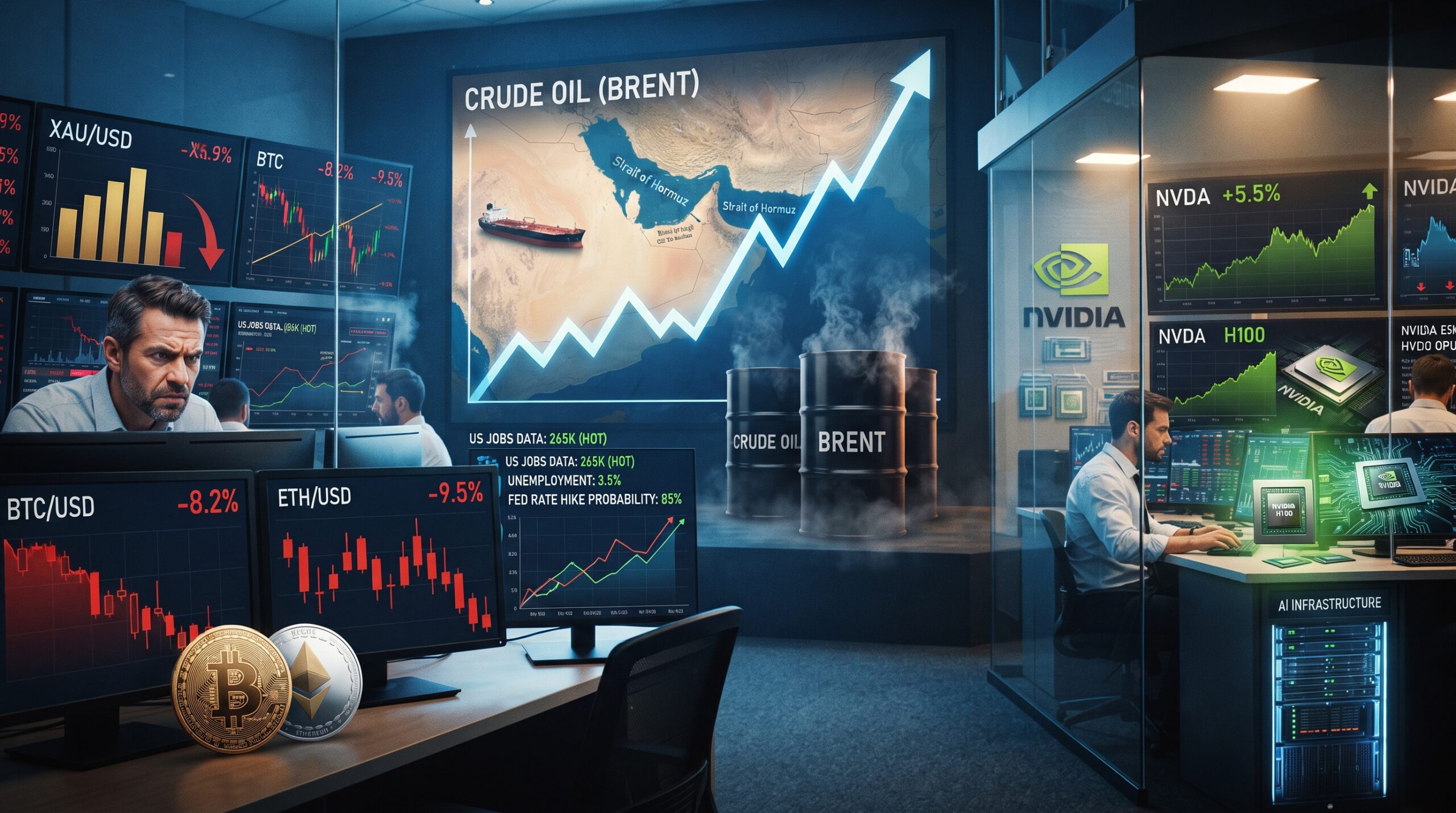 Oil, gold, Bitcoin, Ethereum, and Nvidia AI market visuals shown in a financial market setting with Hormuz tension, strong U.S. jobs data, and mixed asset performance.