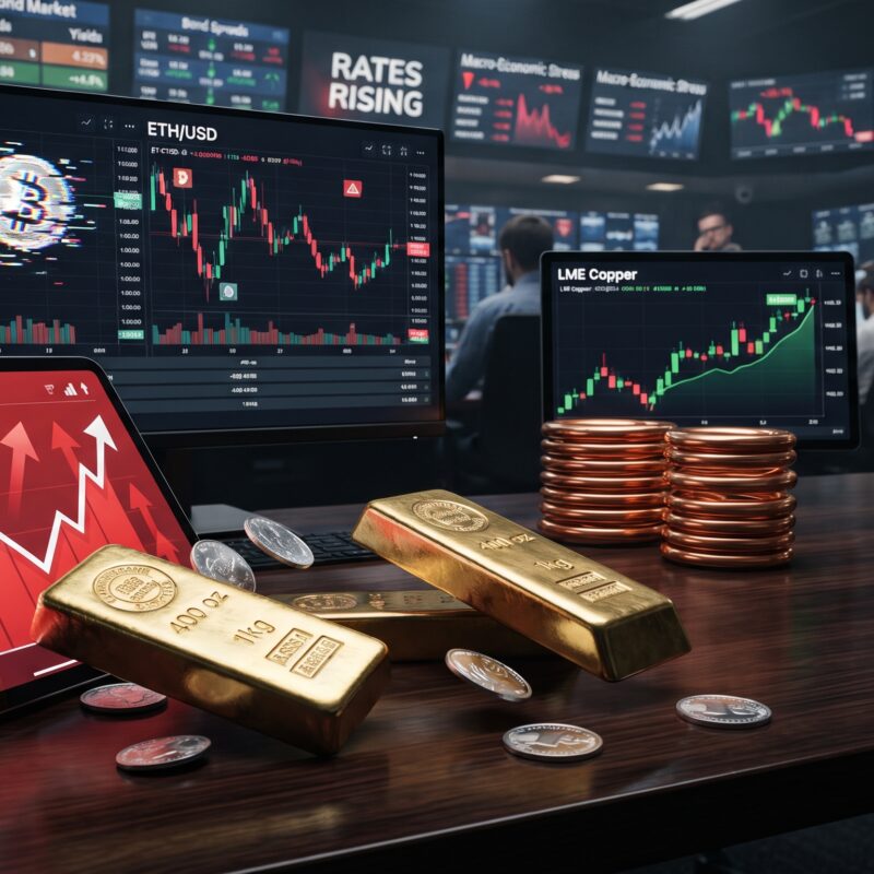 Gold, silver, Bitcoin, Ethereum, copper, and oil shown in a volatile financial market setting with rising Treasury yields and mixed cross-asset performance.