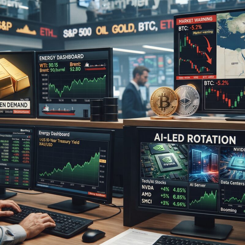 Gold, oil, Bitcoin, Ethereum, bond-yield visuals, and AI market imagery shown in a global financial setting with geopolitical tension and cross-asset market pressure.