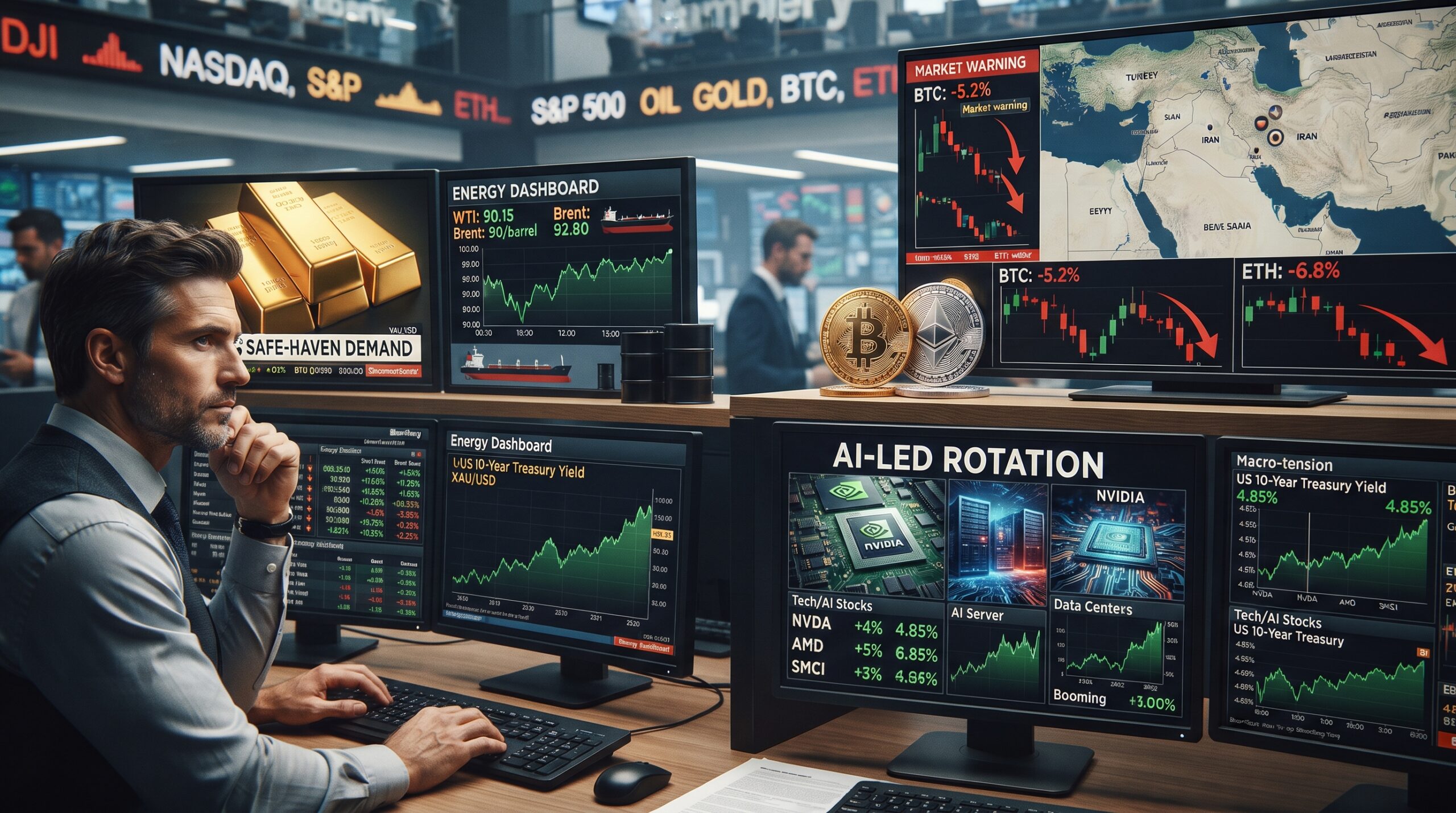 Gold, oil, Bitcoin, Ethereum, bond-yield visuals, and AI market imagery shown in a global financial setting with geopolitical tension and cross-asset market pressure.