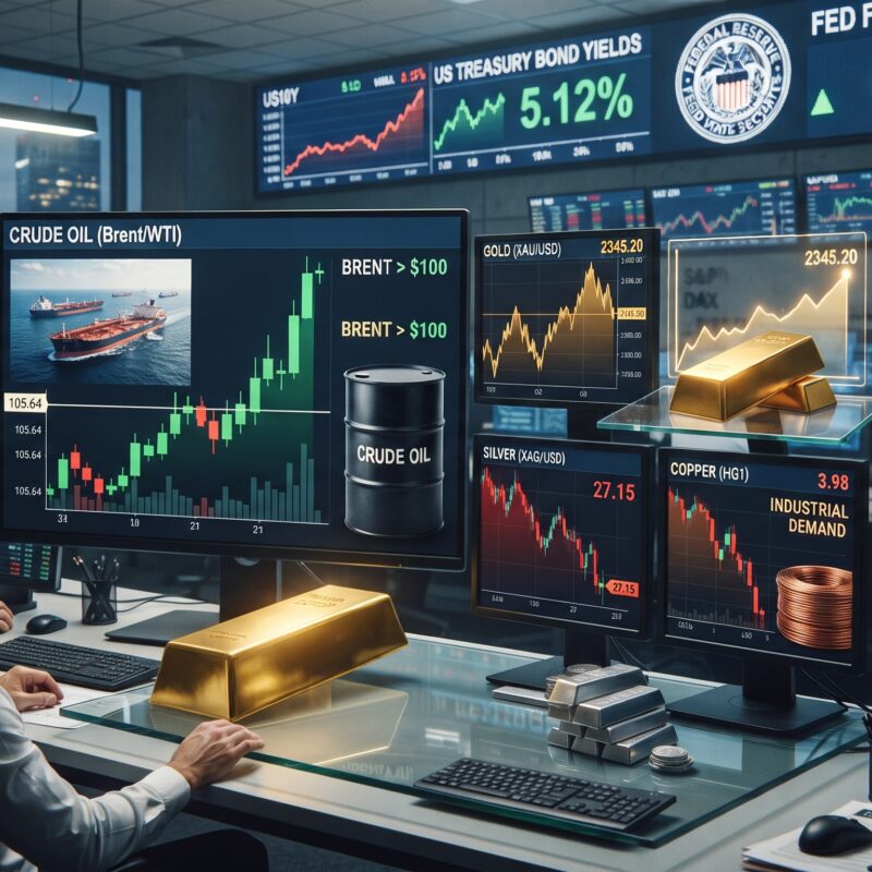 Oil, gold, silver, copper, Bitcoin, and Ethereum shown in a global financial market setting with rising oil prices, strong gold, weaker metals, crypto momentum, and Federal Reserve pressure.