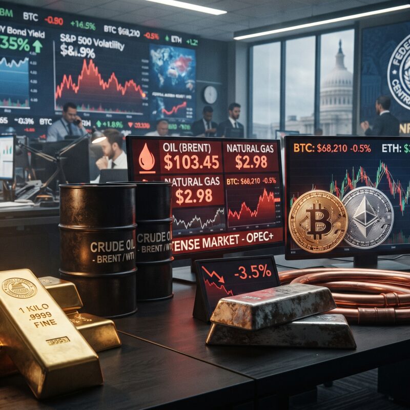 Gold, silver, copper, oil, Bitcoin, and Ethereum shown in a financial market setting with rising oil prices, fragile metals, crypto pressure, and Federal Reserve tightening.