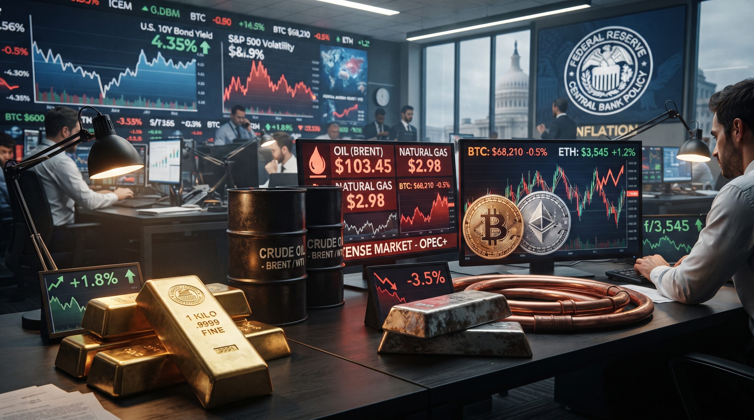 Gold, silver, copper, oil, Bitcoin, and Ethereum shown in a financial market setting with rising oil prices, fragile metals, crypto pressure, and Federal Reserve tightening.