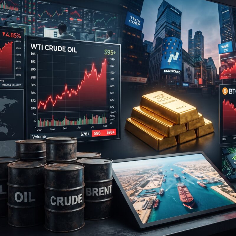 Oil, gold, Bitcoin, Ethereum, and Big Tech market visuals shown in a global financial setting with rising yields, geopolitical tension, and cross-asset market pressure.