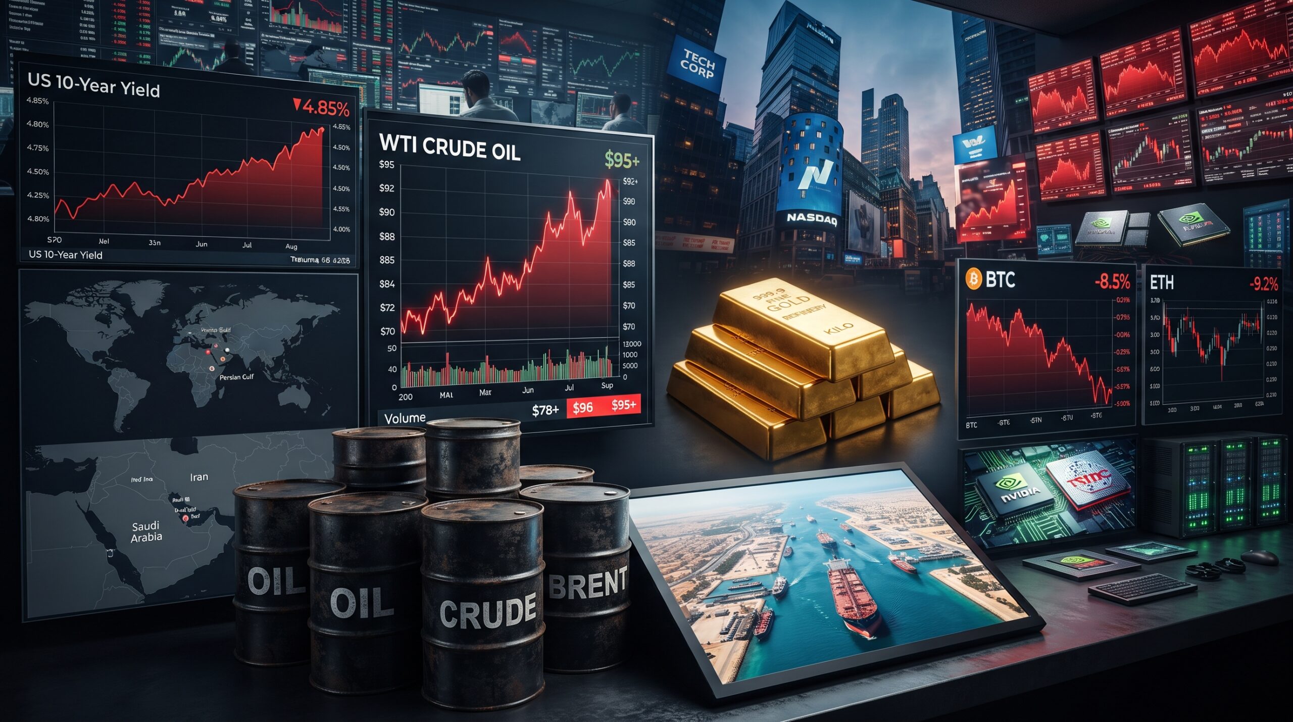 Oil, gold, Bitcoin, Ethereum, and Big Tech market visuals shown in a global financial setting with rising yields, geopolitical tension, and cross-asset market pressure.
