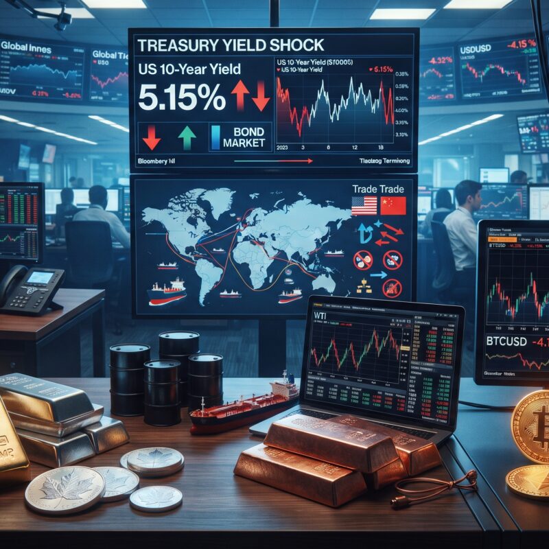 Gold, silver, copper, oil, Bitcoin, and Ethereum shown in a volatile financial market setting with rising Treasury yields and U.S.-China trade truce symbolism.