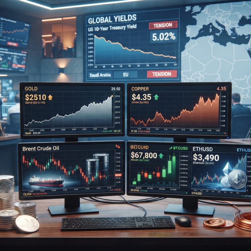 Gold, silver, copper, oil, Bitcoin, and Ethereum shown in a global financial market setting with high bond yields, Middle East risk, and mixed cross-asset performance.