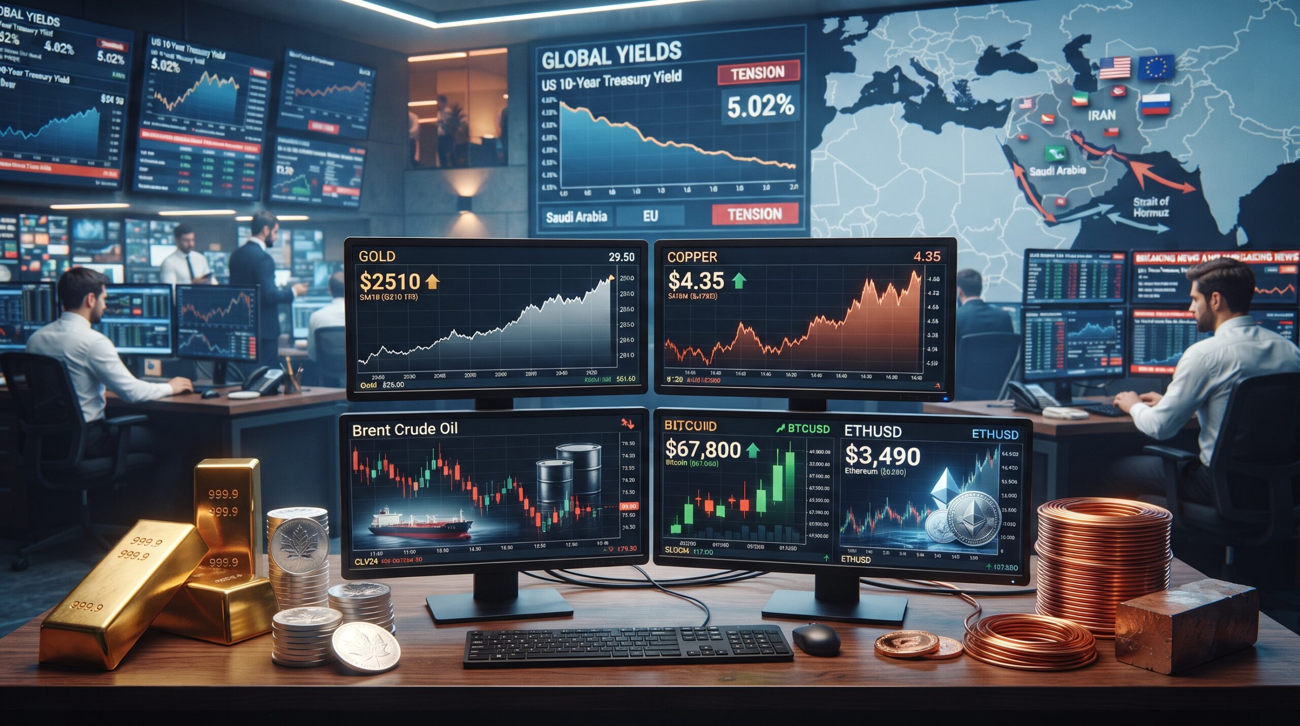 Gold, silver, copper, oil, Bitcoin, and Ethereum shown in a global financial market setting with high bond yields, Middle East risk, and mixed cross-asset performance.