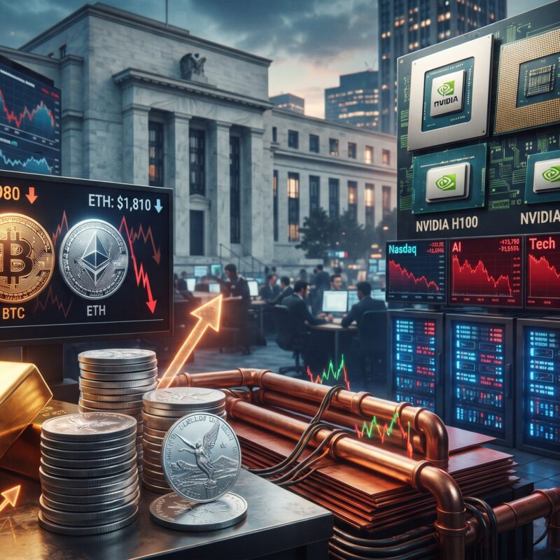 Gold, silver, copper, oil, Bitcoin, Ethereum, and AI market visuals shown in a volatile financial market setting with Fed tightening and elevated commodity prices.