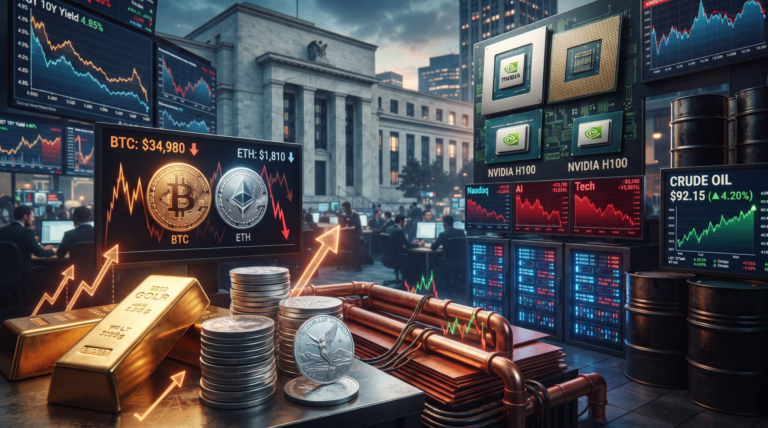 Gold, silver, copper, oil, Bitcoin, Ethereum, and AI market visuals shown in a volatile financial market setting with Fed tightening and elevated commodity prices.