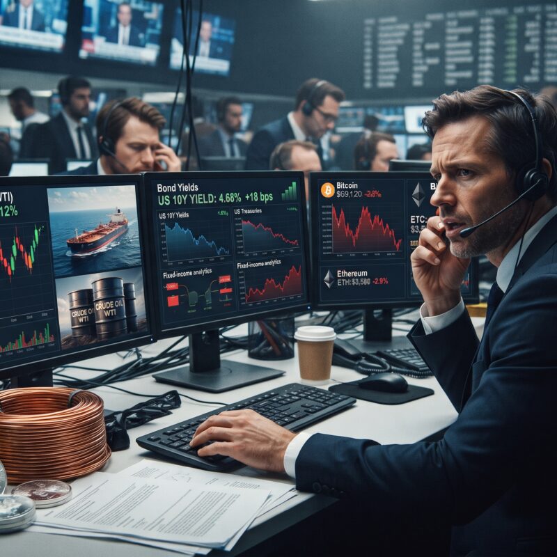 Oil, bond yields, gold, silver, copper, Bitcoin, and Ethereum shown in a volatile financial market setting with intense cross-asset pressure.