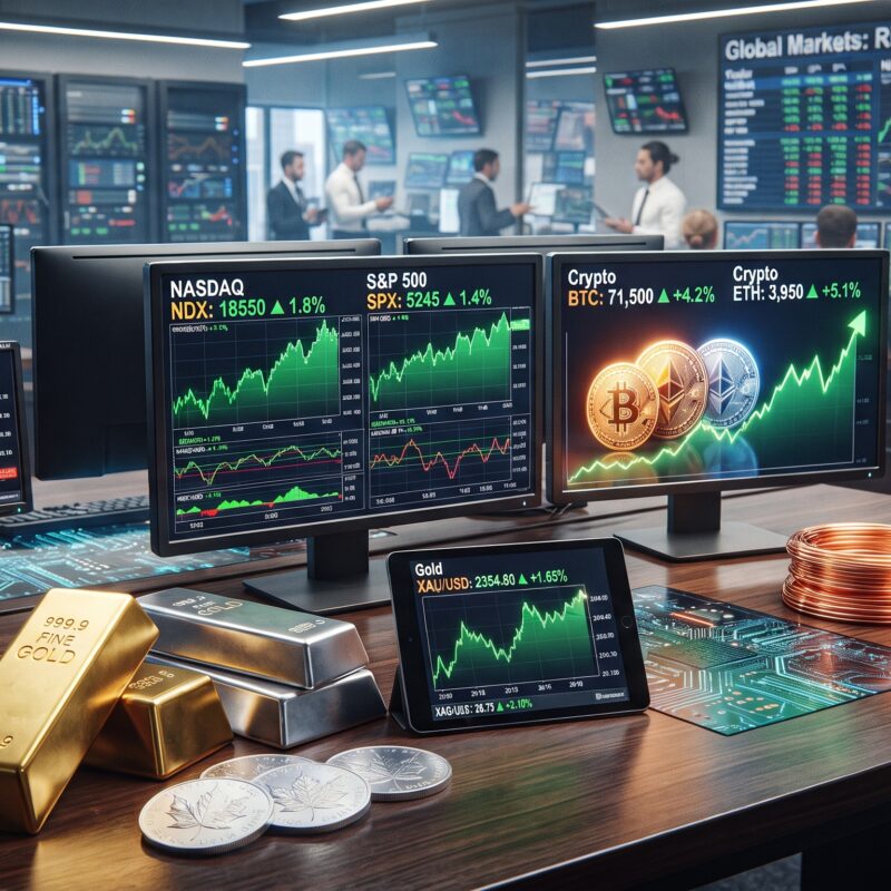 Gold, silver, copper, oil, Bitcoin, Ethereum, and AI market visuals shown in a global financial market setting with rising risk appetite and mixed commodity performance.