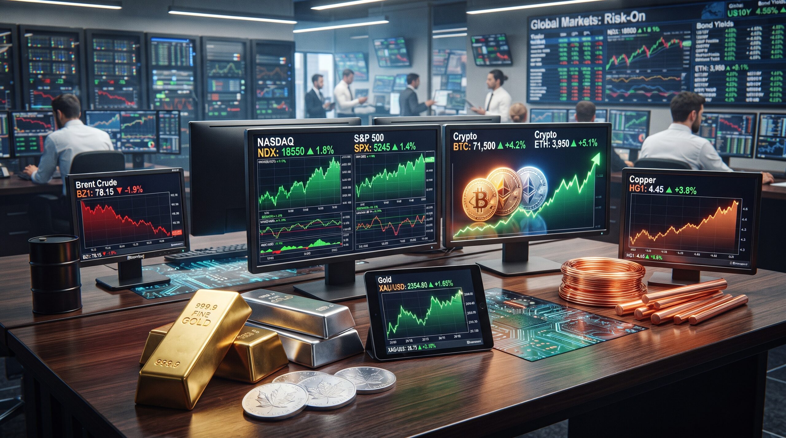 Gold, silver, copper, oil, Bitcoin, Ethereum, and AI market visuals shown in a global financial market setting with rising risk appetite and mixed commodity performance.